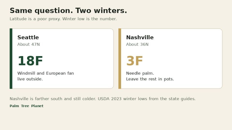 Seattle at about 18F versus Nashville at about 3F